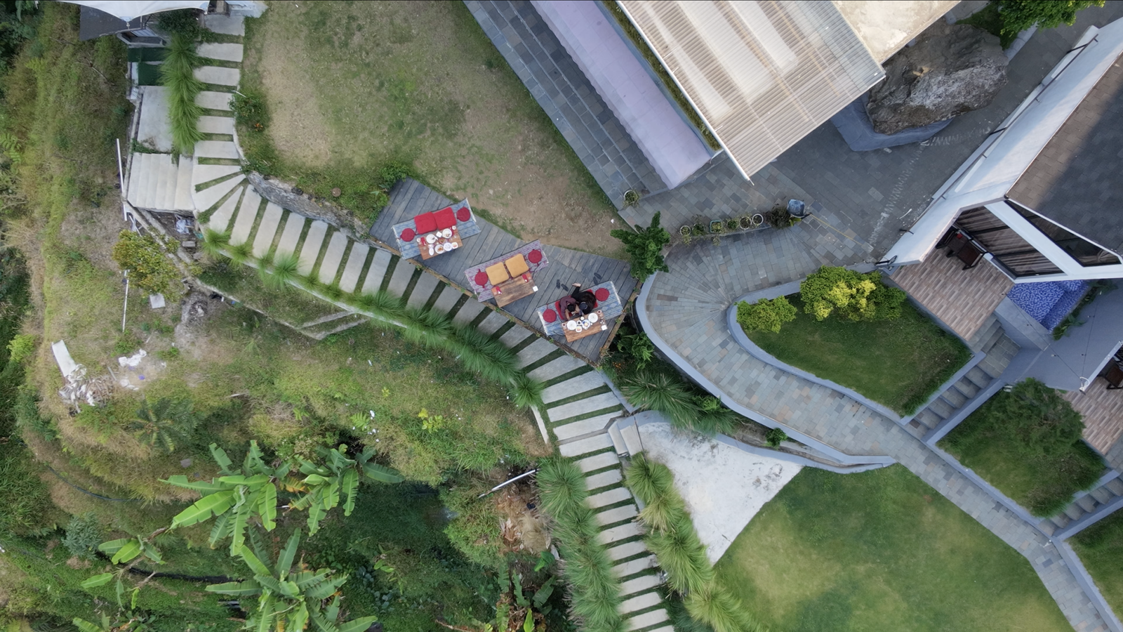 Aerial view of breakfast tables in the garden of a hotel near Tegal, Central Java