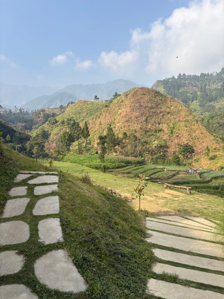 Mountain and farmland view from a hotel in the Tegal highlands, Central Java