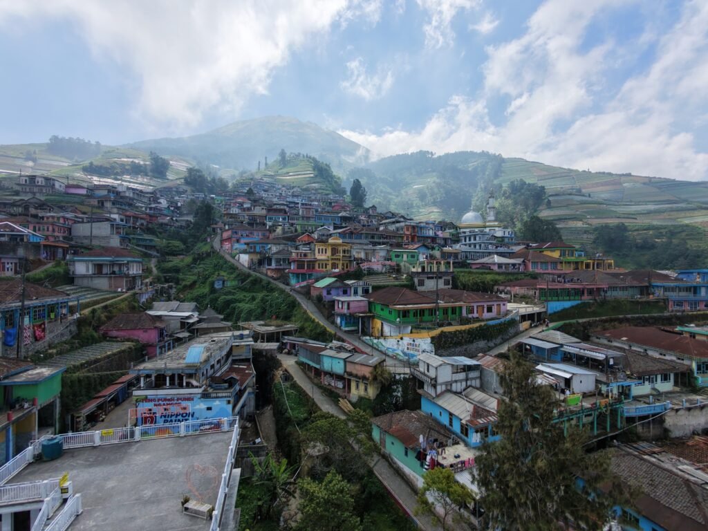 Colorful hillside village surrounded by terraced farmland in the Dieng Highlands, Central Java.
