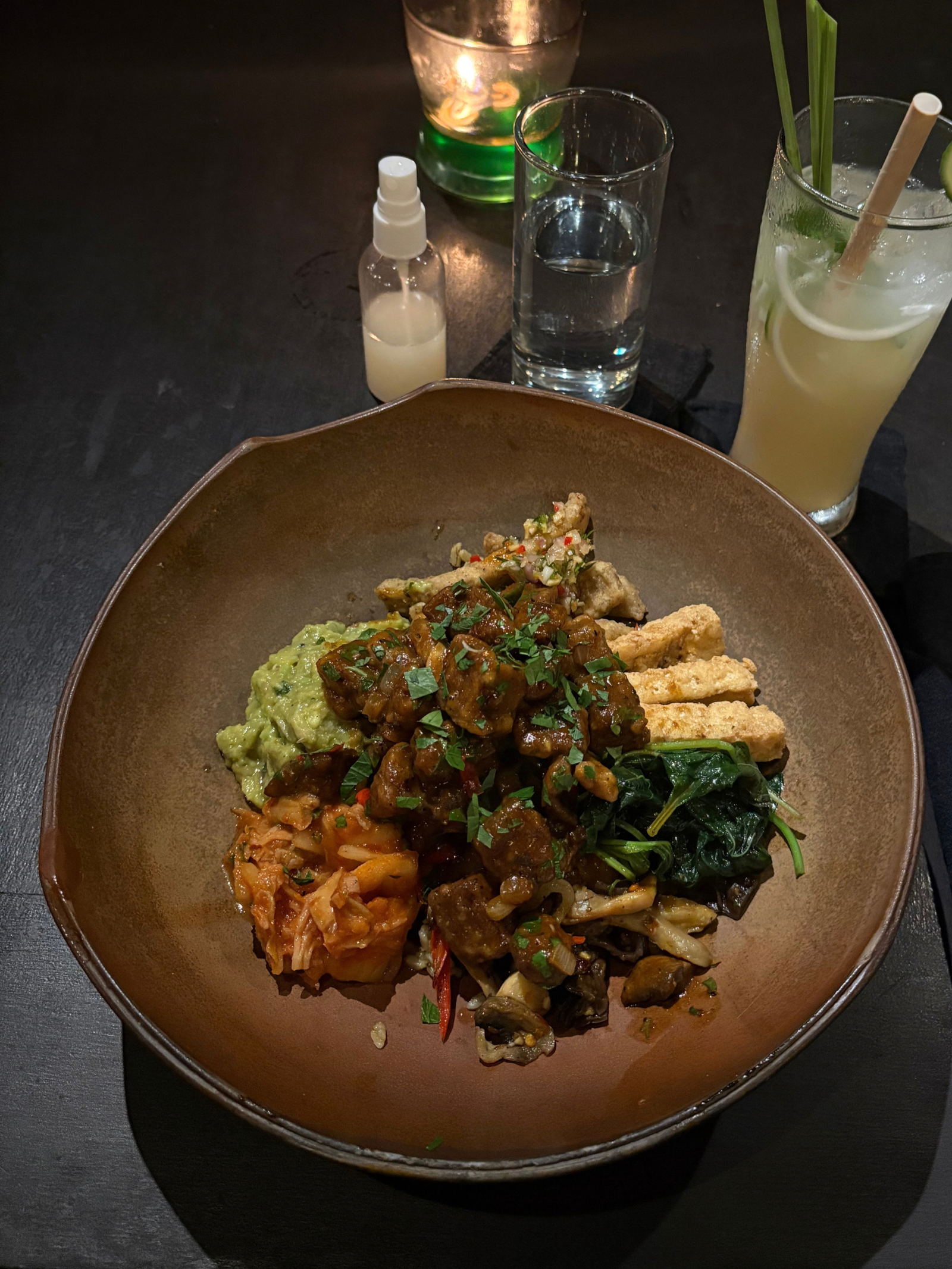 Vegetarian food in Indonesia. Meal with tempeh, vegetables and rice